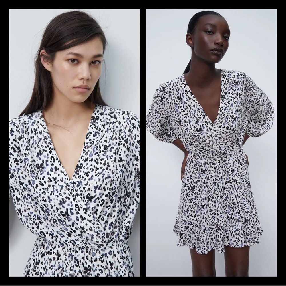 Zara White Black Leopard Print V-Neck Surplice Mini Dress NWT Size M